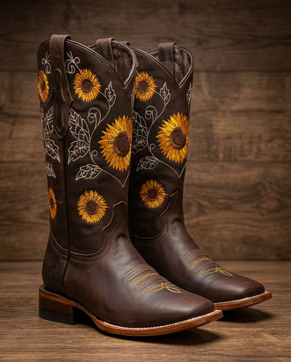 Women's Sunflower Embroidered Western Boots with Pointed Toe and Block Heel