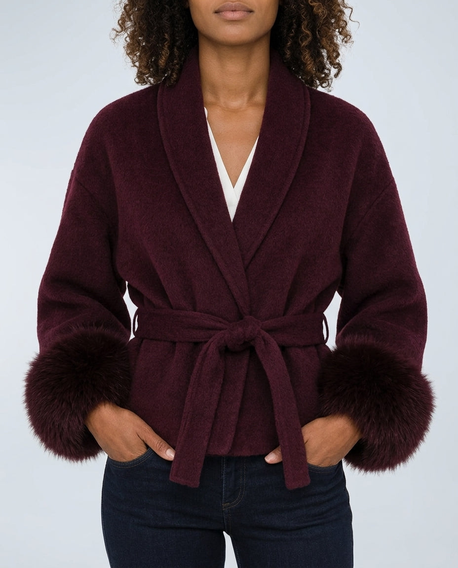 Women's Cropped Wool Coat with Faux Fur Cuffs and Belted Waist