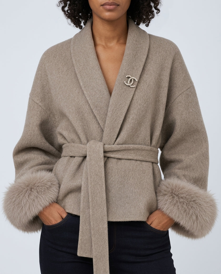Women's Cropped Wool Coat with Faux Fur Cuffs and Belted Waist
