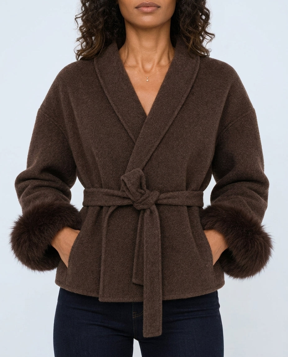 Women's Cropped Wool Coat with Faux Fur Cuffs and Belted Waist