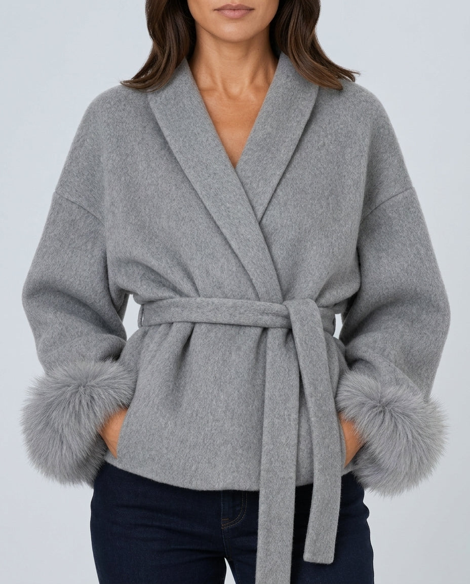 Women's Cropped Wool Coat with Faux Fur Cuffs and Belted Waist