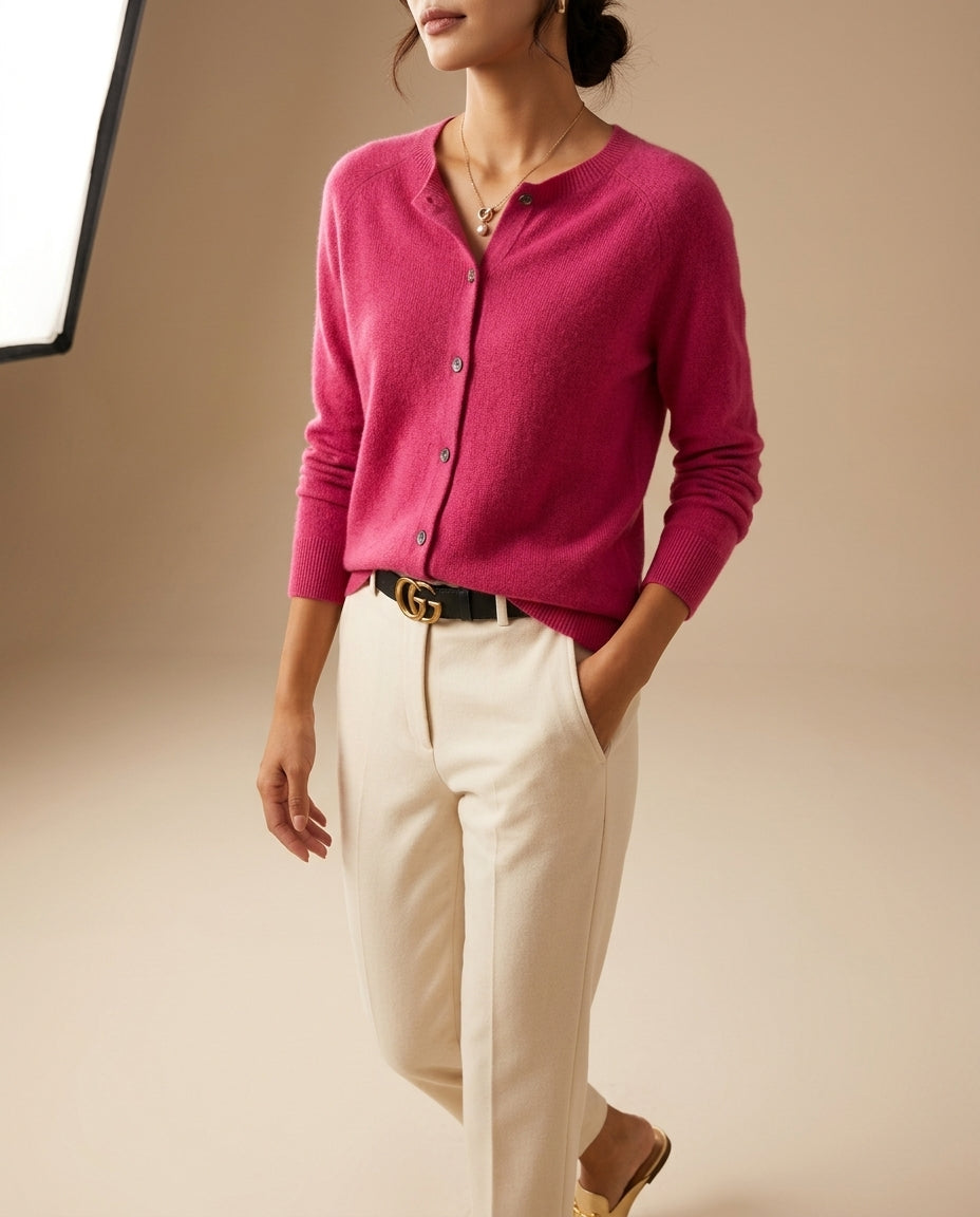 Women's Cashmere Wool Blend Cardigan with Button Front and Crew Neck