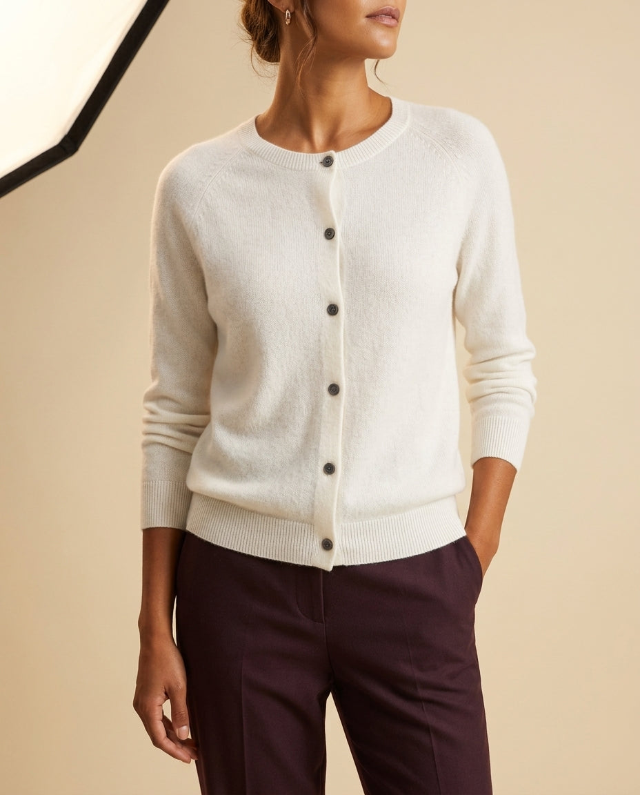 Women's Cashmere Wool Blend Cardigan with Button Front and Crew Neck