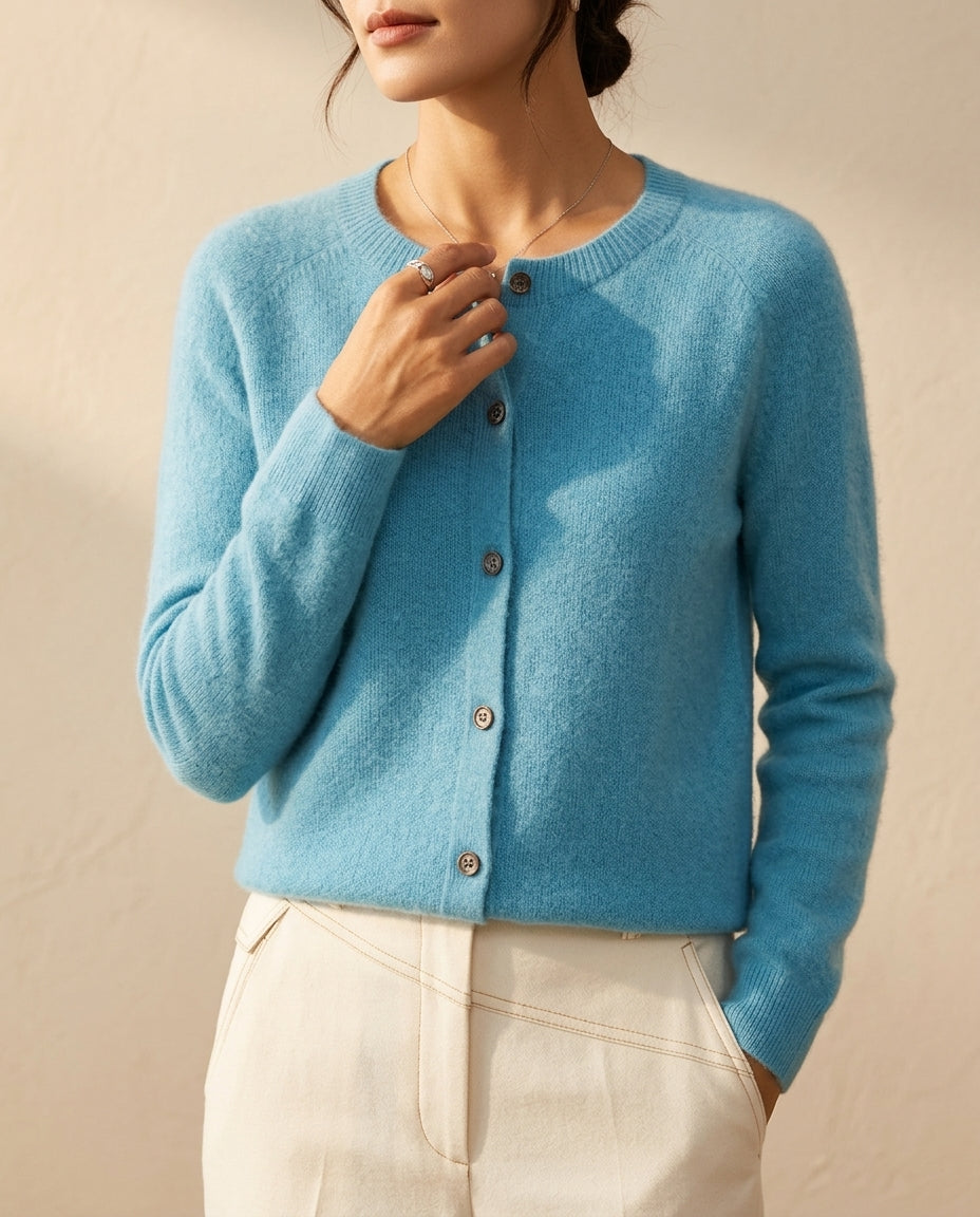 Women's Cashmere Wool Blend Cardigan with Button Front and Crew Neck
