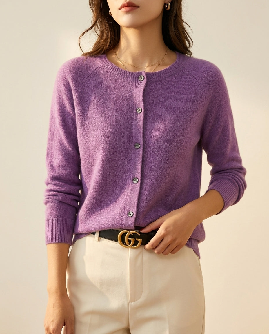 Women's Cashmere Wool Blend Cardigan with Button Front and Crew Neck