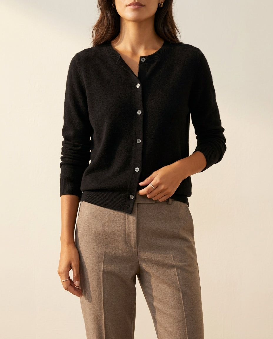 Women's Cashmere Wool Blend Cardigan with Button Front and Crew Neck
