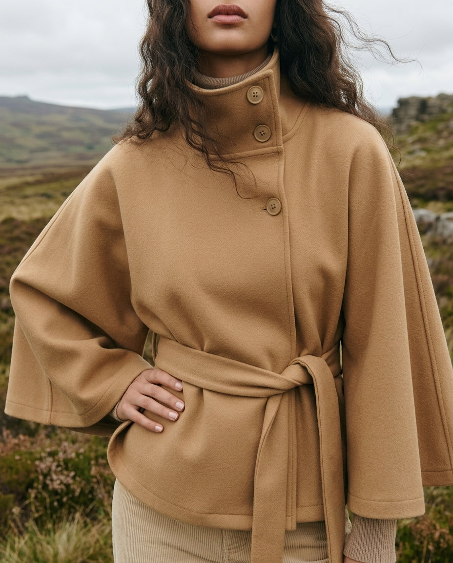 Women's Belted Cape Jacket with High Stand Collar and Button Front