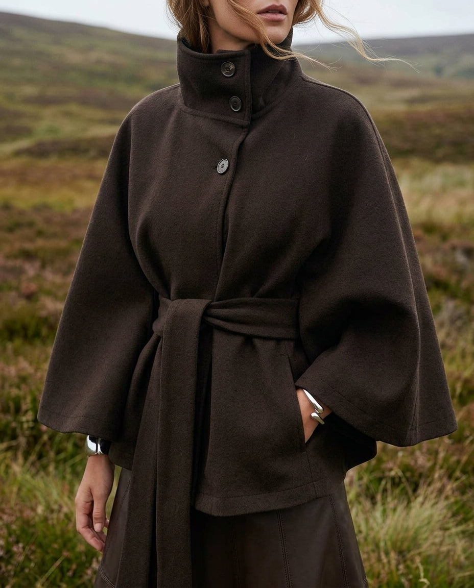 Women's Belted Cape Jacket with High Stand Collar and Button Front