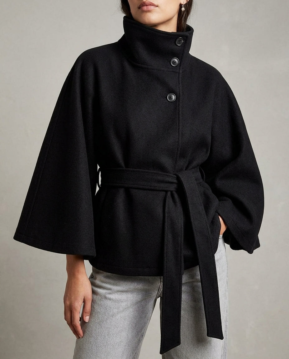 Women's Belted Cape Jacket with High Stand Collar and Button Front