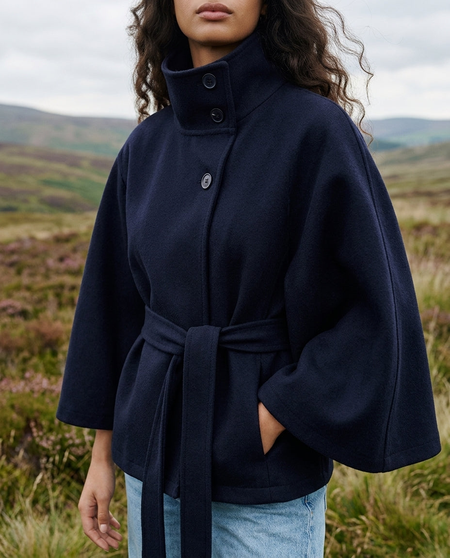 Women's Belted Cape Jacket with High Stand Collar and Button Front