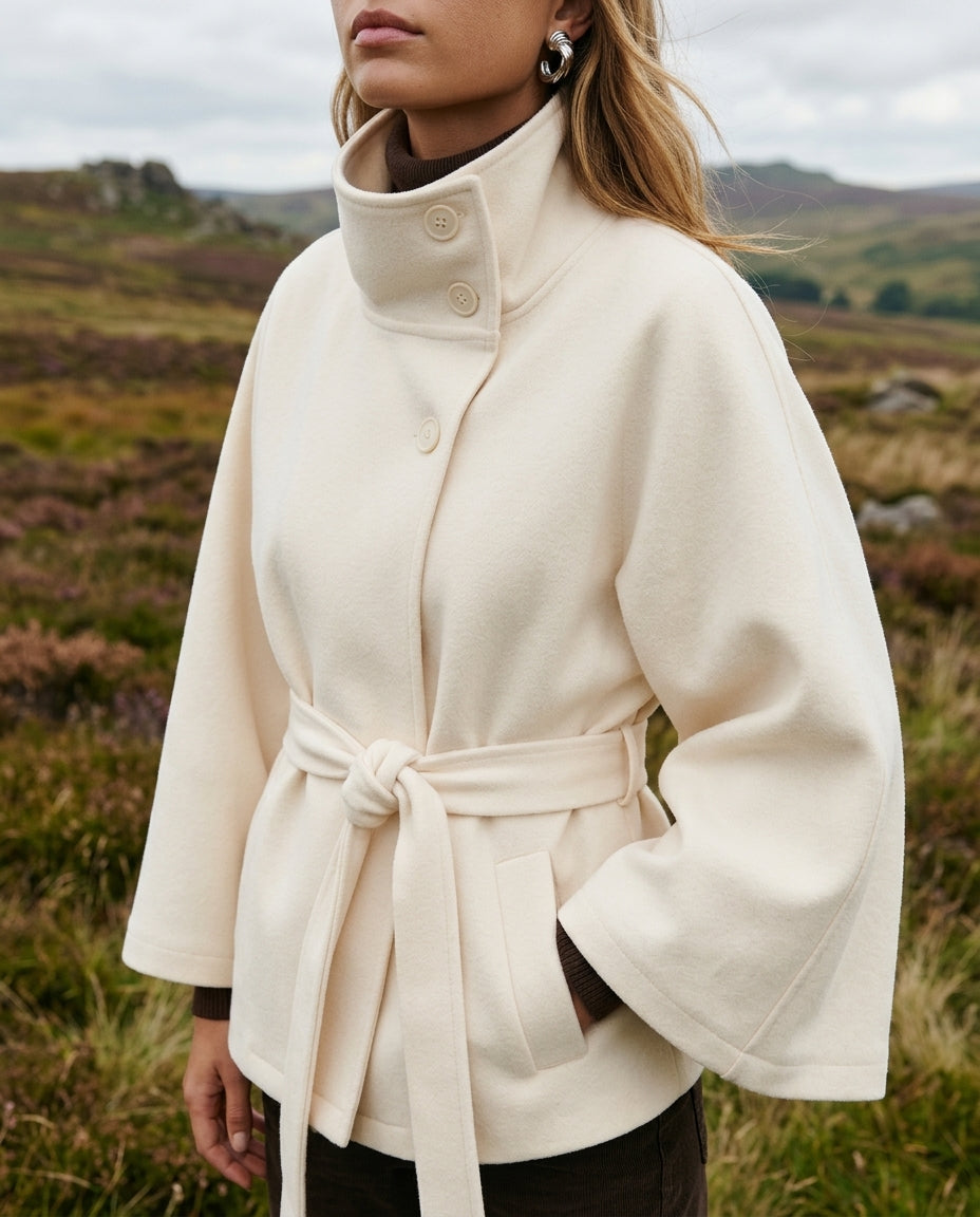 Women's Belted Cape Jacket with High Stand Collar and Button Front