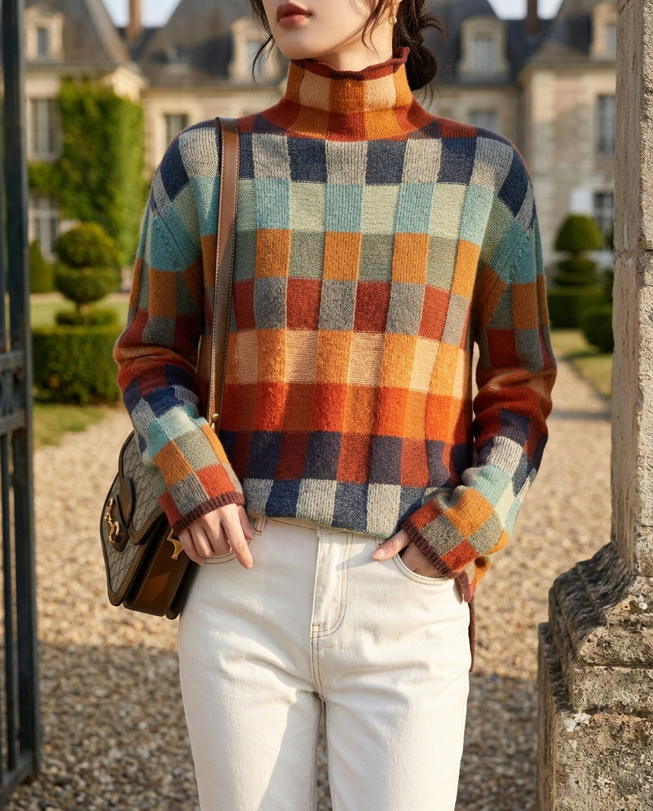 Women's Checkered Turtleneck Sweater with Long Sleeves and Relaxed Fit