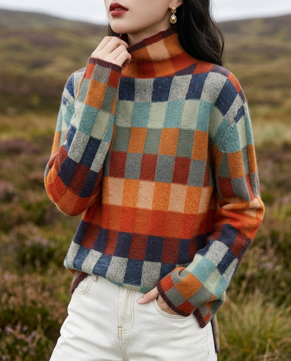 Women's Checkered Turtleneck Sweater with Long Sleeves and Relaxed Fit