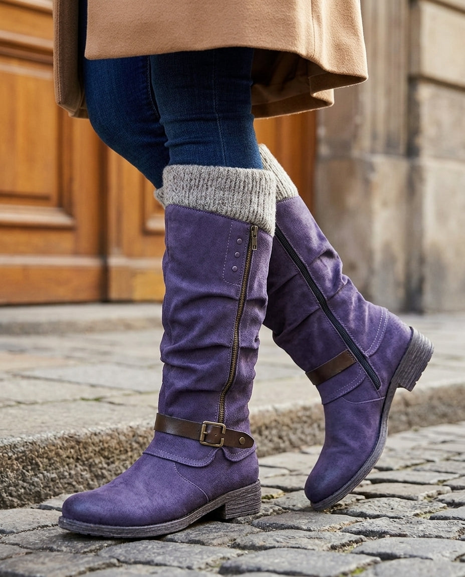 Women's Thermal Orthopedic Mid Calf Boots with Side Zip and Buckle Strap