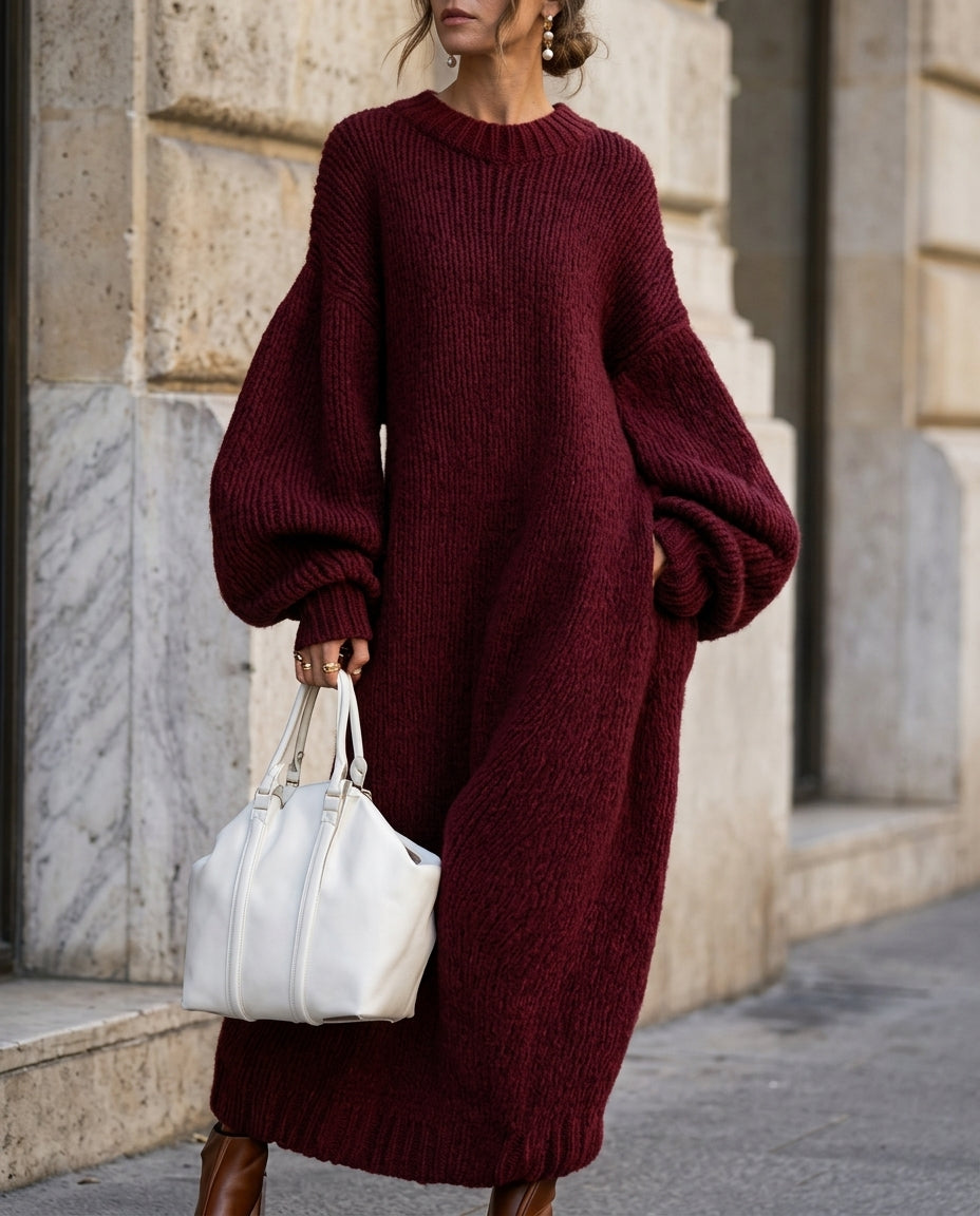 Women's Oversized Chunky Knit Maxi Dress with Balloon Sleeves