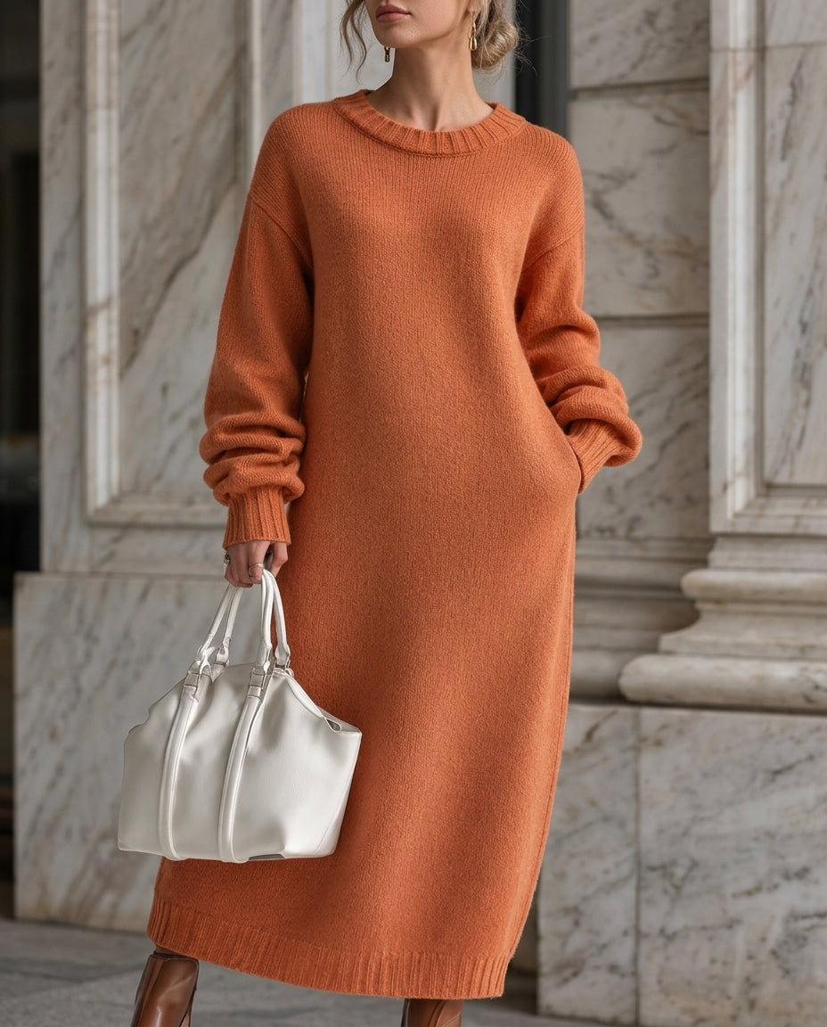Women's Oversized Chunky Knit Maxi Dress with Balloon Sleeves