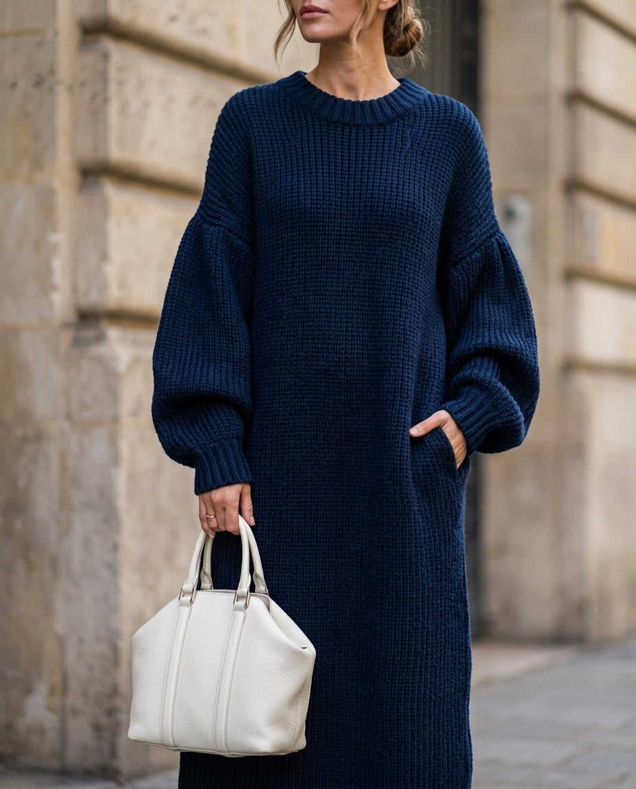 Women's Oversized Chunky Knit Maxi Dress with Balloon Sleeves