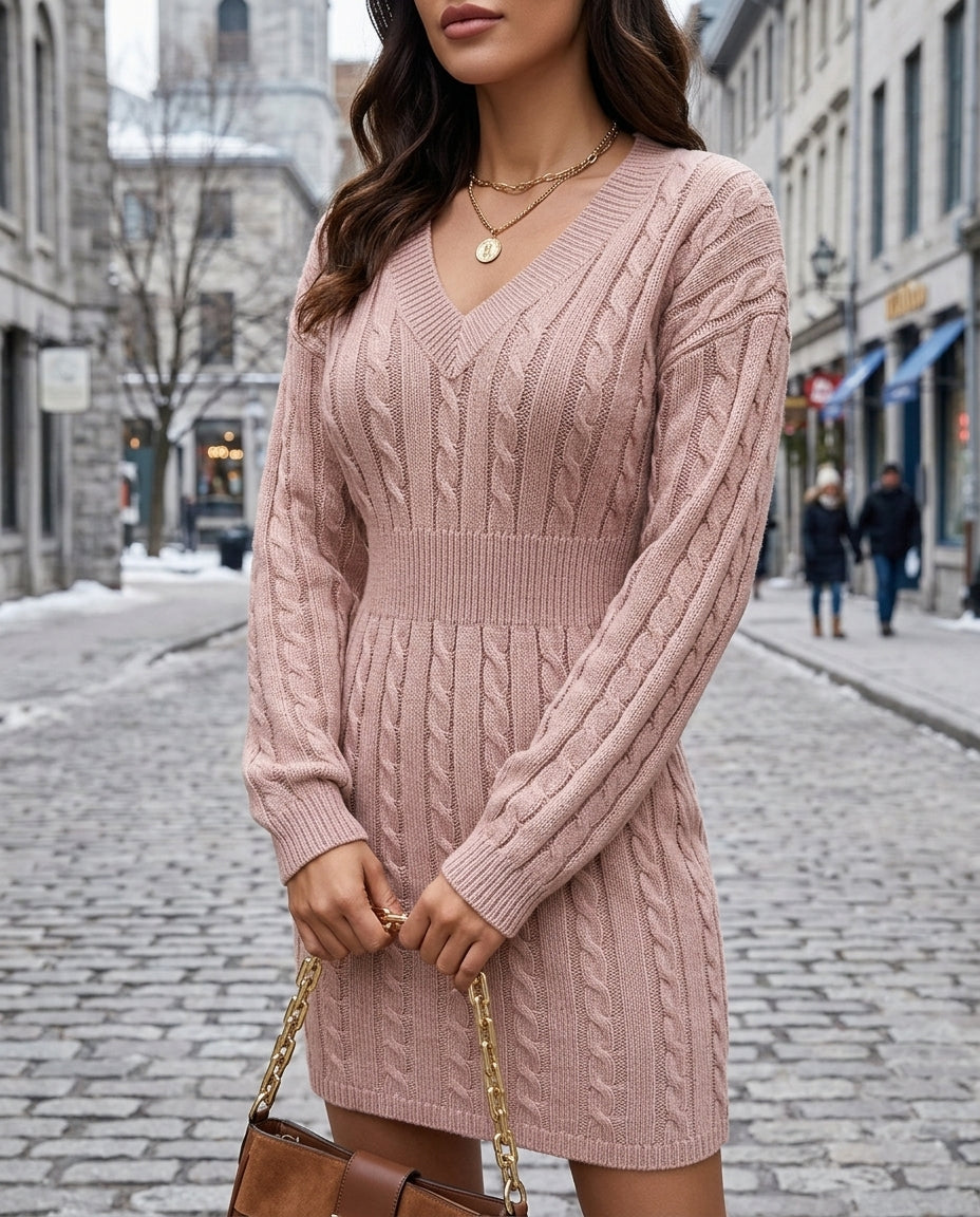 Women's Cable Knit V Neck Sweater Dress with Cinched Waist