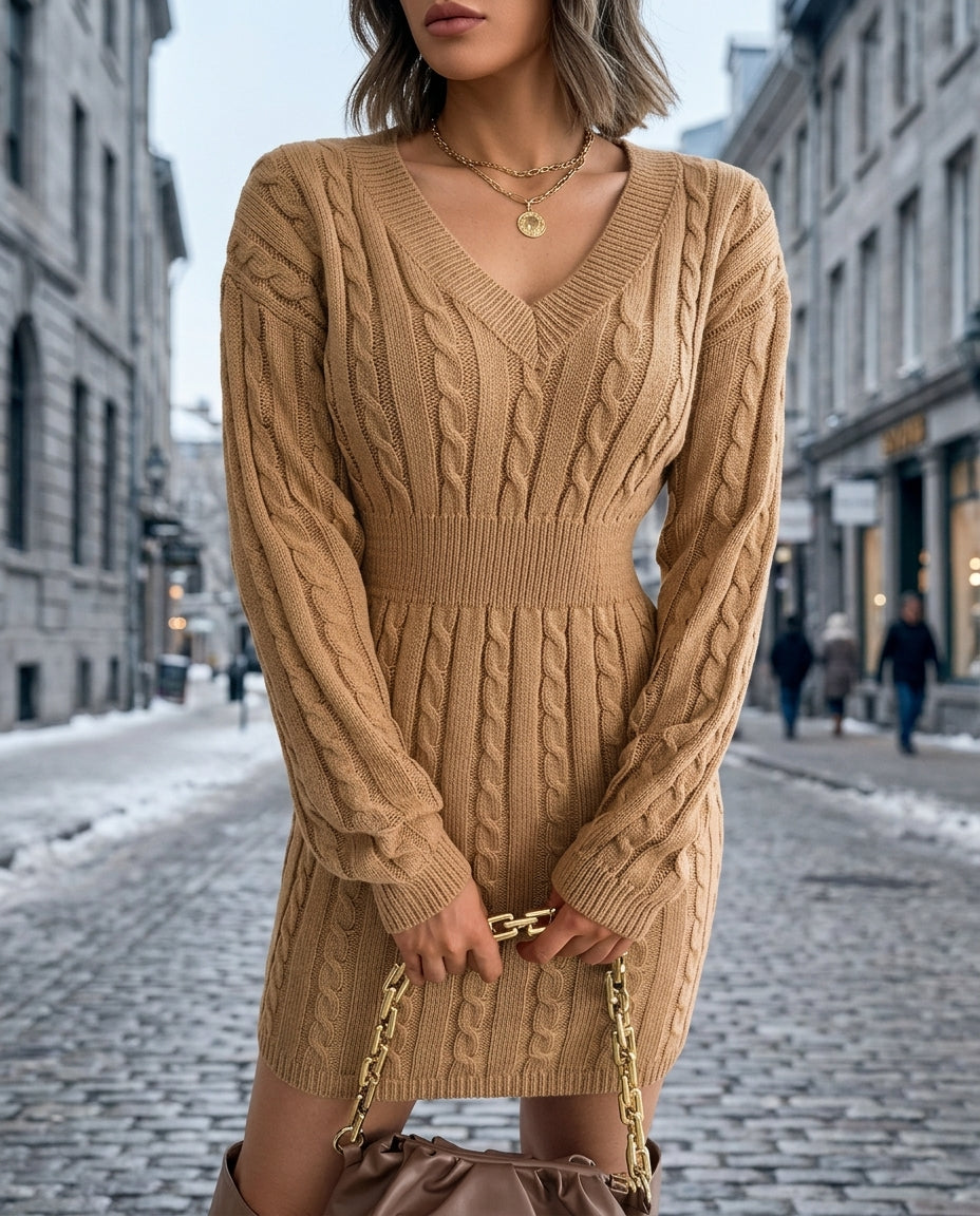 Women's Cable Knit V Neck Sweater Dress with Cinched Waist