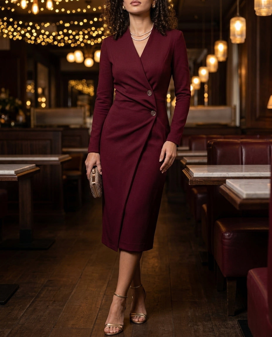 Women's Wrap Button Front Midi Dress with V Neck and Long Sleeves
