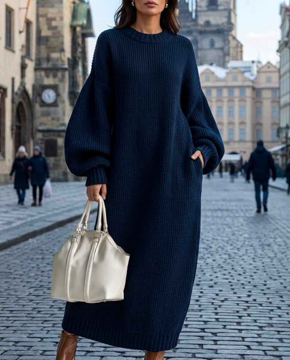 Women's Oversized Maxi Sweater Dress with Crew Neck and Side Pockets