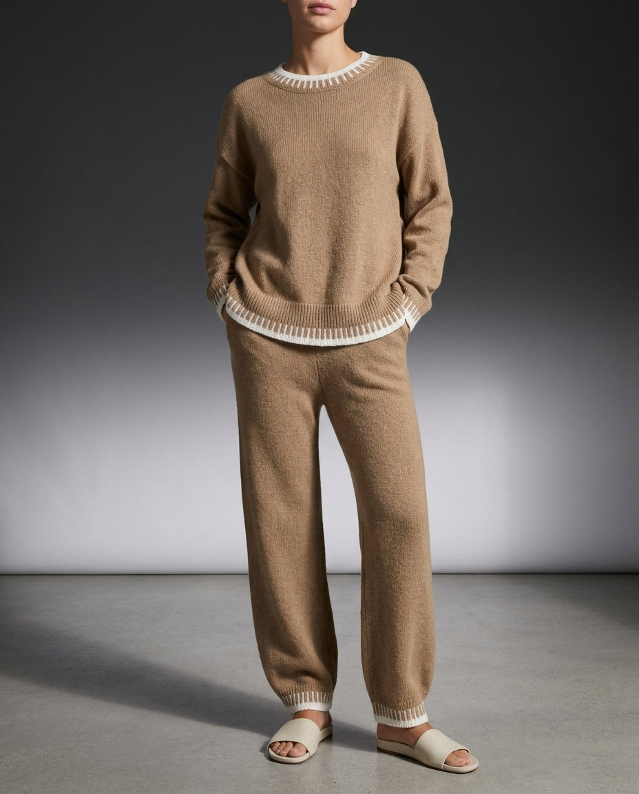 Women's Colorblock Knit Lounge Set with Wide Leg Pants and Contrast Trim