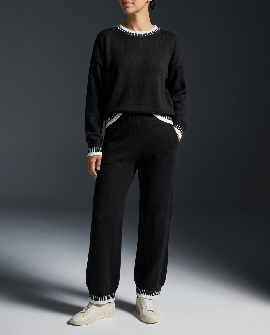 Women's Colorblock Knit Lounge Set with Wide Leg Pants and Contrast Trim