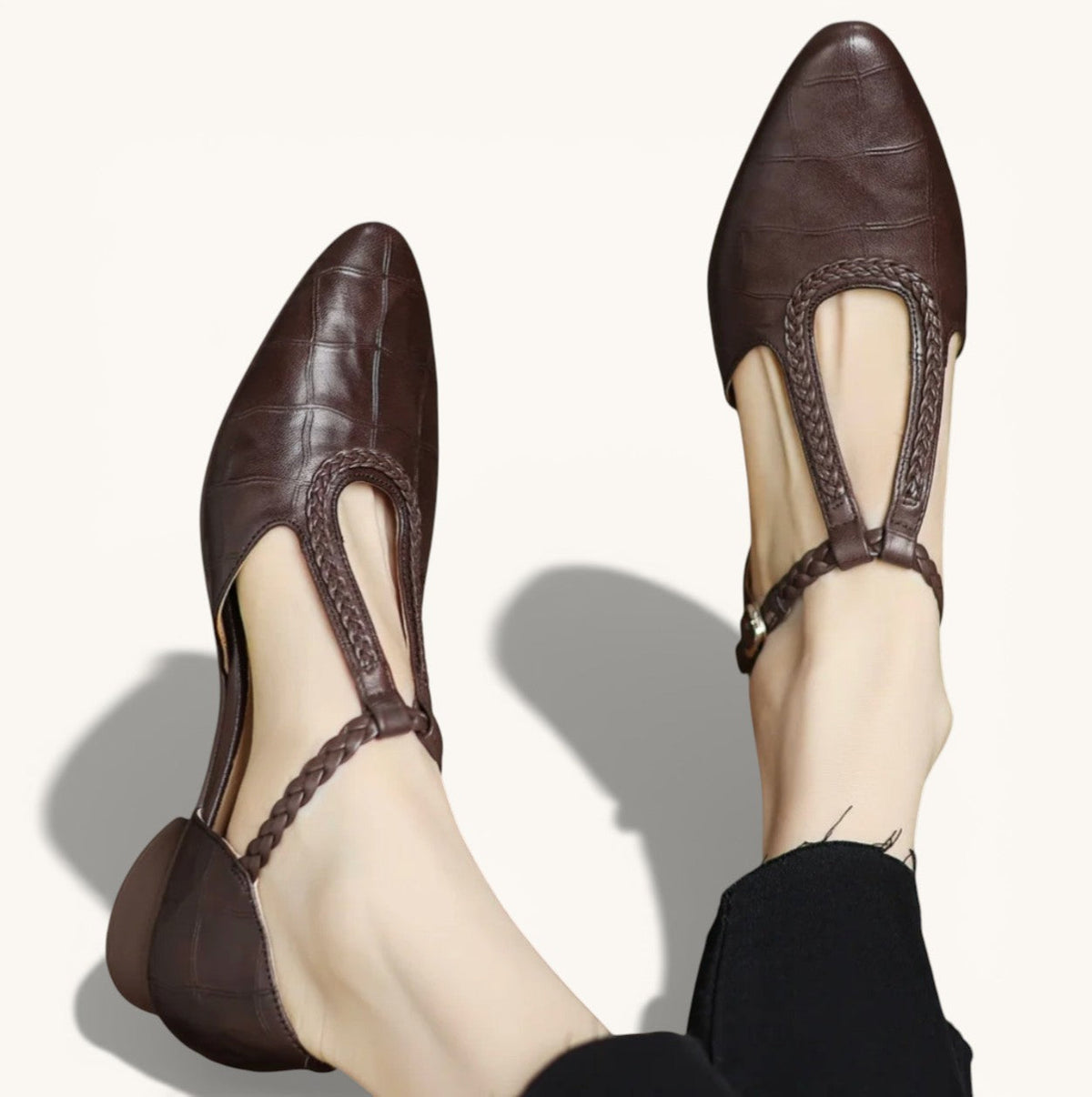 Women's Brown Pointed Toe Mary Jane Flats with Braided T Strap