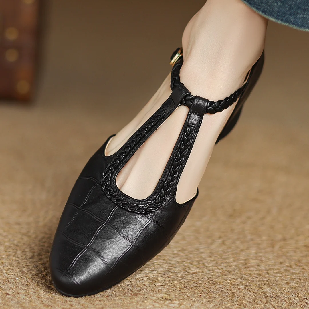 Women's Brown Pointed Toe Mary Jane Flats with Braided T Strap