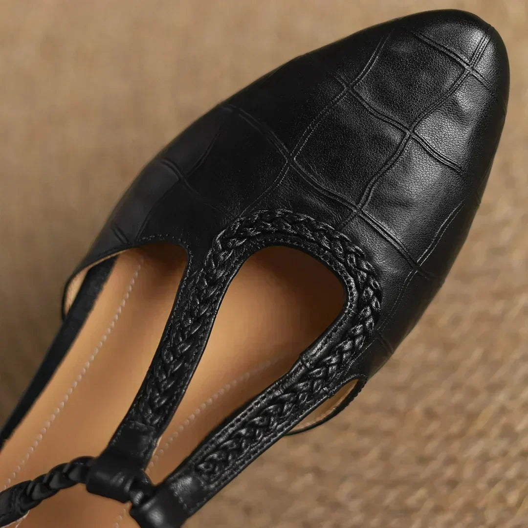Women's Brown Pointed Toe Mary Jane Flats with Braided T Strap