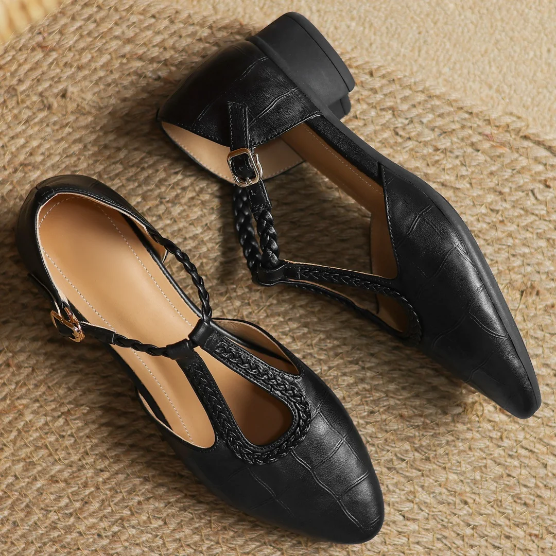 Women's Brown Pointed Toe Mary Jane Flats with Braided T Strap