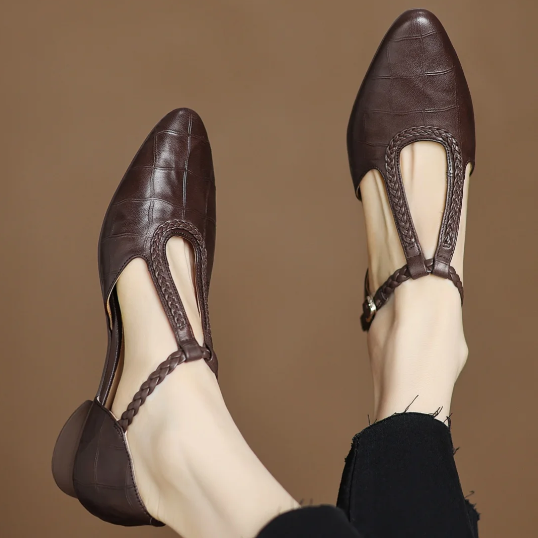 Women's Brown Pointed Toe Mary Jane Flats with Braided T Strap