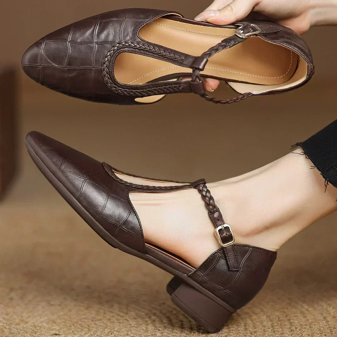 Women's Brown Pointed Toe Mary Jane Flats with Braided T Strap