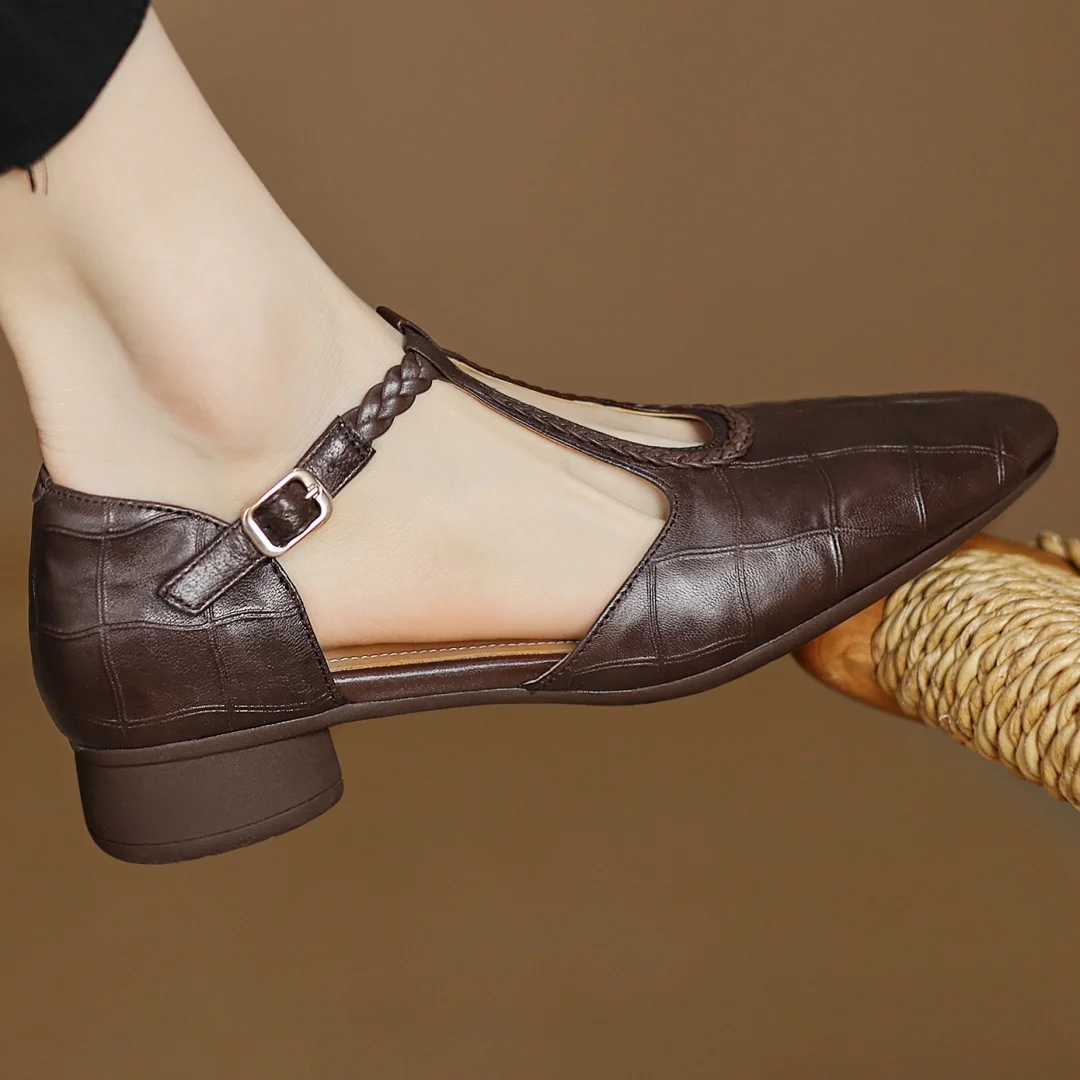Women's Brown Pointed Toe Mary Jane Flats with Braided T Strap