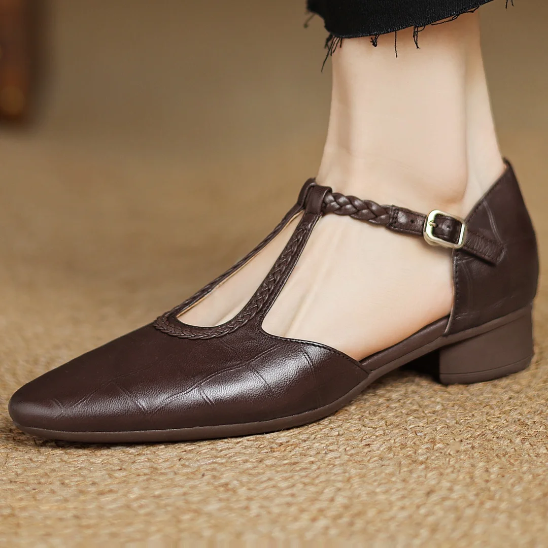 Women's Brown Pointed Toe Mary Jane Flats with Braided T Strap