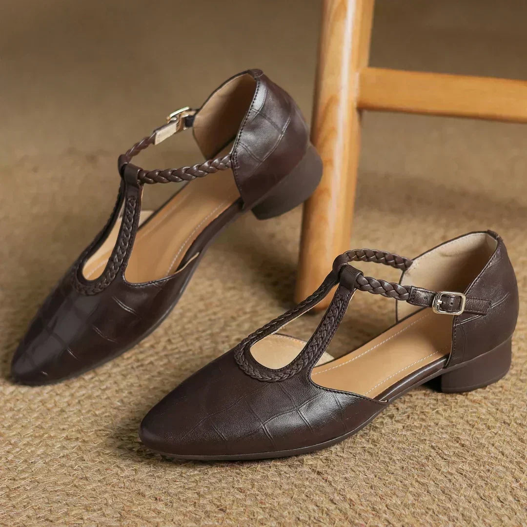 Women's Brown Pointed Toe Mary Jane Flats with Braided T Strap