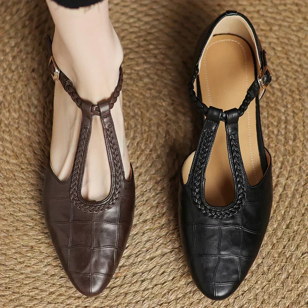 Women's Brown Pointed Toe Mary Jane Flats with Braided T Strap