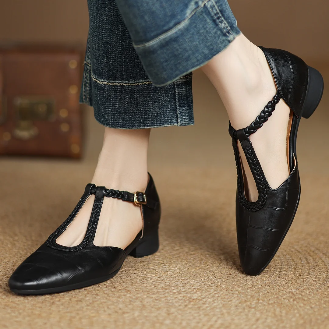 Women's Brown Pointed Toe Mary Jane Flats with Braided T Strap
