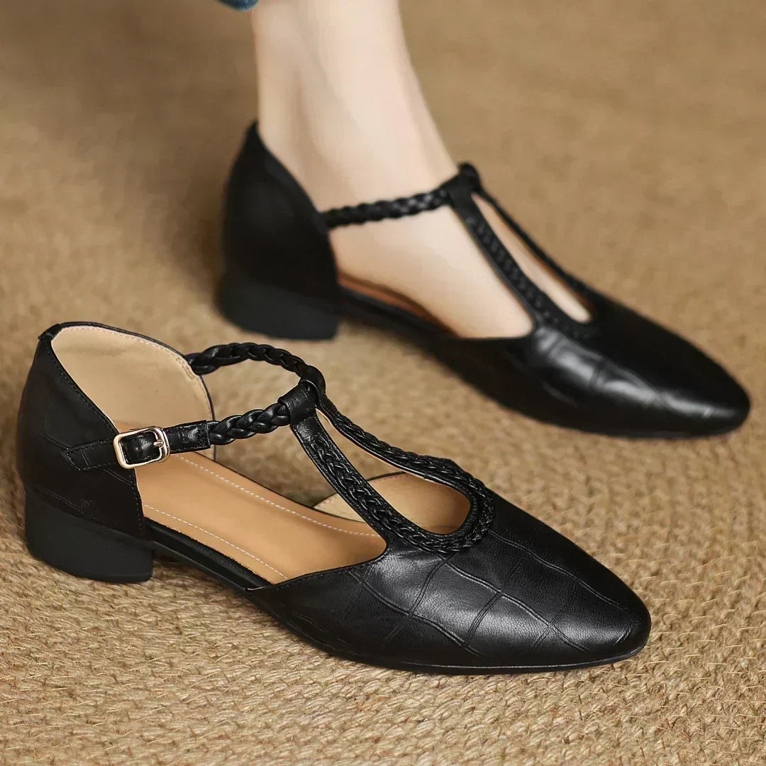 Women's Brown Pointed Toe Mary Jane Flats with Braided T Strap