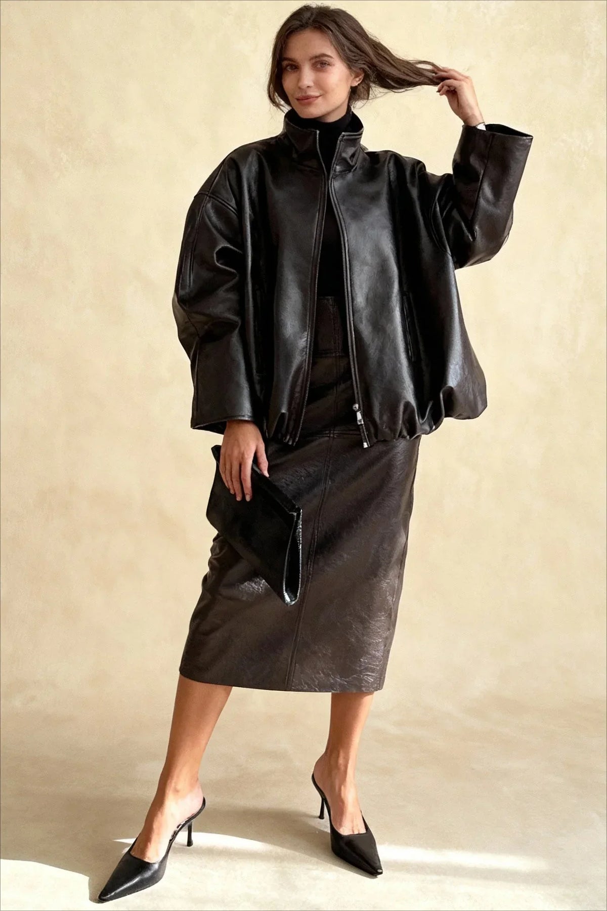 Women's Faux Leather Zip Up Jacket and Midi Skirt Set