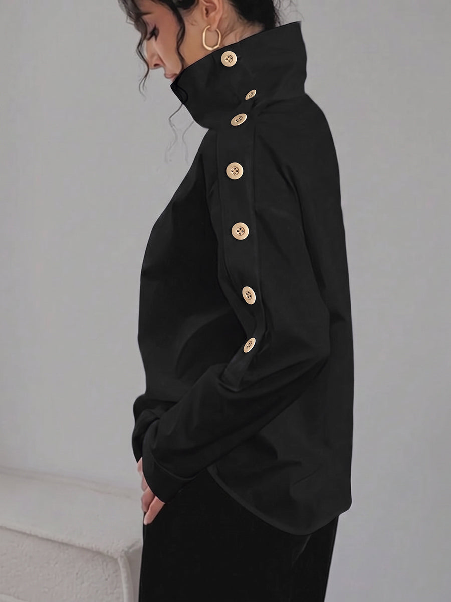 Women's Buttoned Shoulder Turtleneck Blouse With Long Sleeves