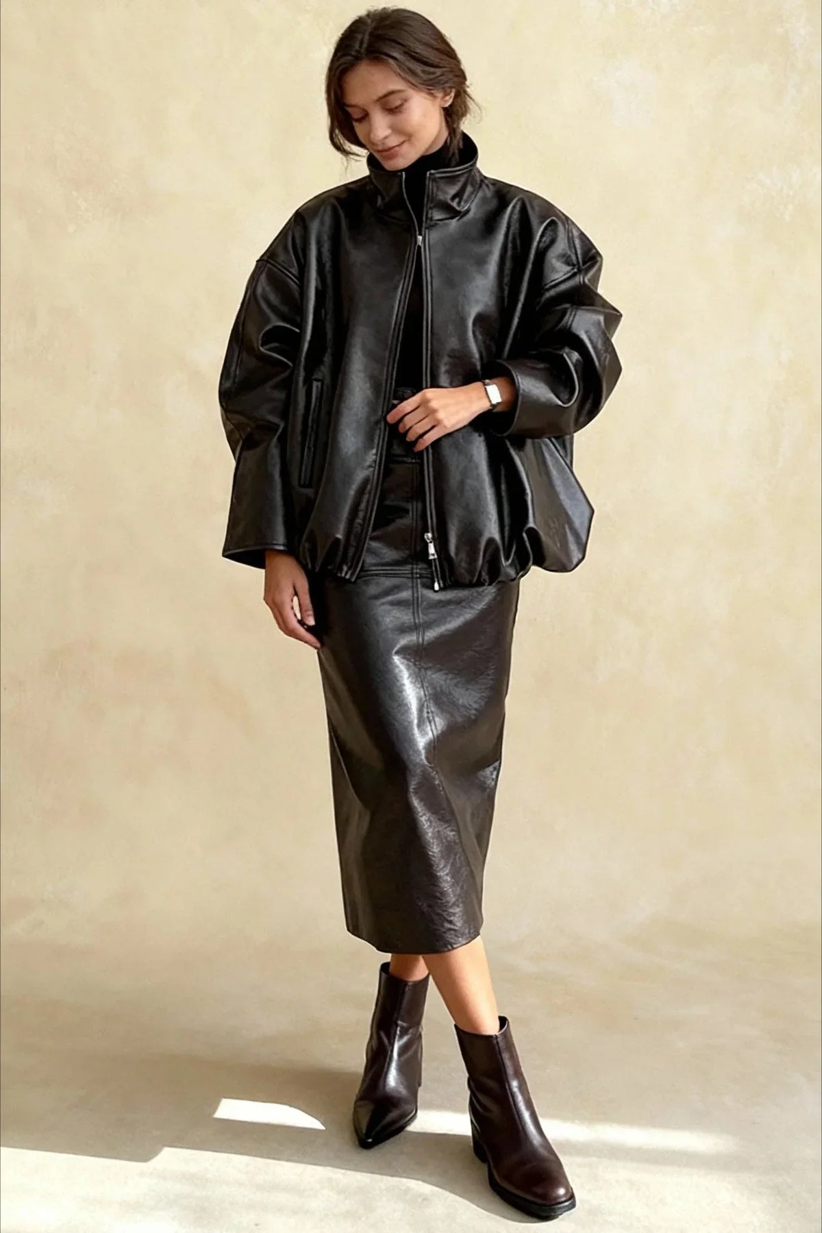 Women's Faux Leather Zip Up Jacket and Midi Skirt Set