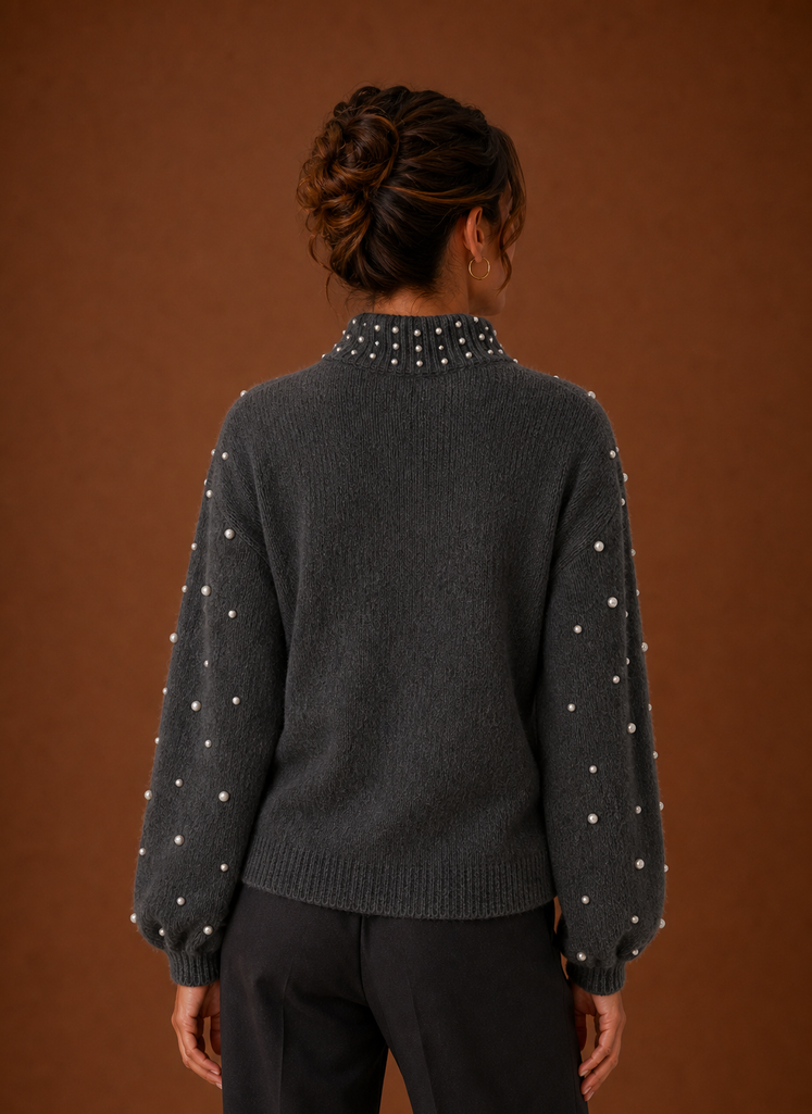 Women's Pearl Embellished Knit Pullover Sweater with Mock Neck and Ribbed Hem