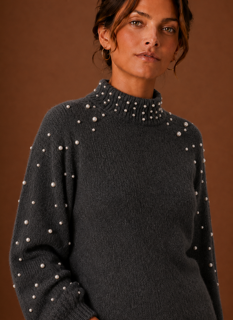 Women's Pearl Embellished Knit Pullover Sweater with Mock Neck and Ribbed Hem