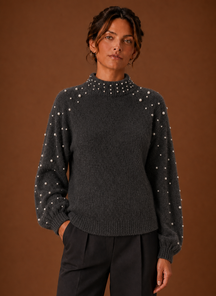Women's Pearl Embellished Knit Pullover Sweater with Mock Neck and Ribbed Hem