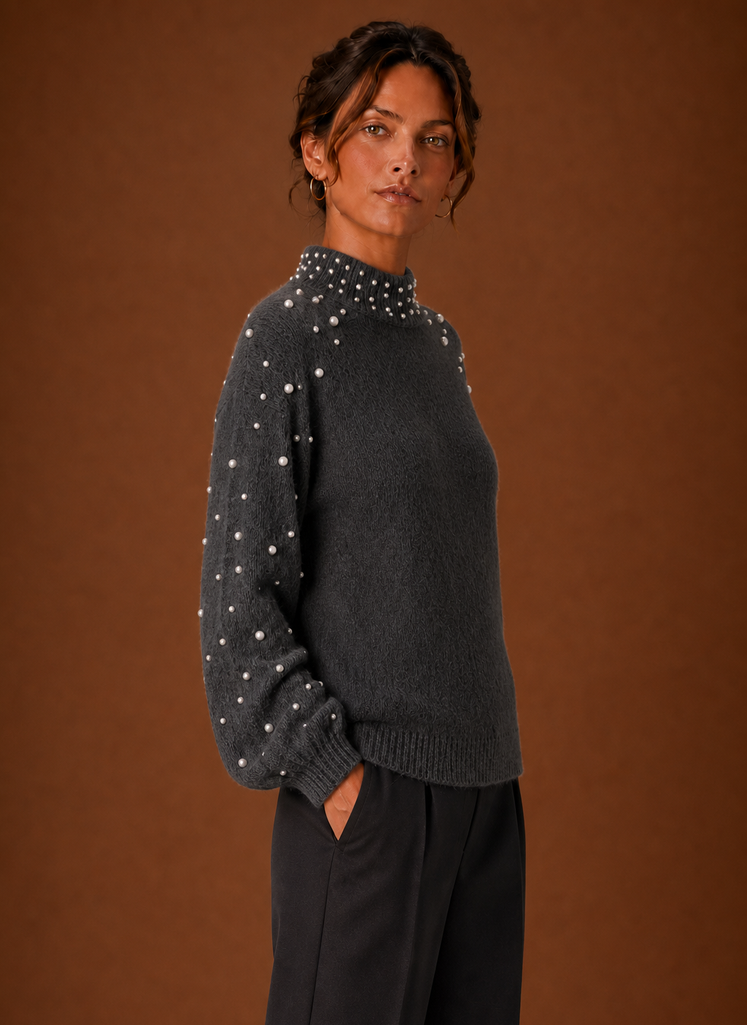 Women's Pearl Embellished Knit Pullover Sweater with Mock Neck and Ribbed Hem