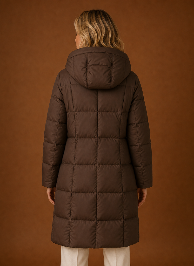 Women's Long Quilted Puffer Coat with Hood and Zip Front