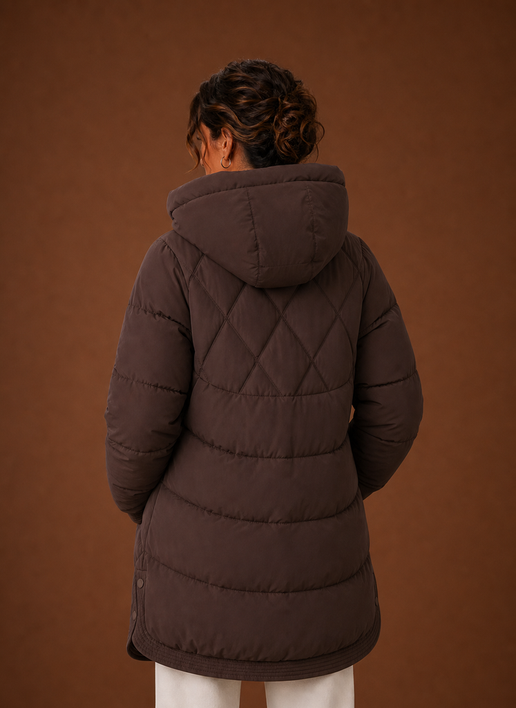 Women's Longline Puffer Jacket with Hood and Diamond Quilting