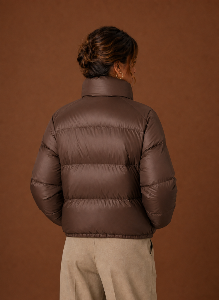 Women's Quilted Puffer Jacket with High Collar and Zip Front