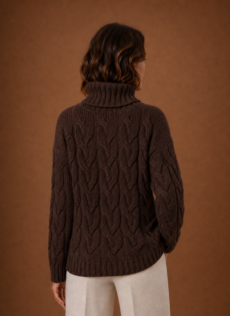 Women's Cable Knit Turtleneck Pullover Sweater with Ribbed Cuffs and Hem